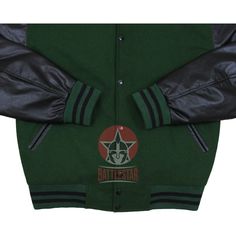 DETAILS OF JACKET The Classic Varsity Jacket Color: Forest Green / Black Forest Green /Black Rib on Neck, Wrist & Bottom/Hem Two External Side Pockets Exterior Sleeve: Cowhide Leather Interior: Polyester Quilted Lining / Two Internal Pockets Style: Classic Varsity Care: DRY CLEAN ONLY We can add custom embroidery, printing, or labels on these jackets as per the customer's demand. Additional charges apply. Fitted Outerwear With Button Closure For College, Fitted Varsity Jacket With Button Closure For College, Fitted Green Military Outerwear, Winter Streetwear Fitted Sport Coat, Fitted Winter Sport Coat For Streetwear, Fitted Sport Coat For Winter Streetwear, Winter Military Style Fitted Sport Coat, Fitted Military Sport Coat For Winter, Fitted Military Style Sport Coat For Winter