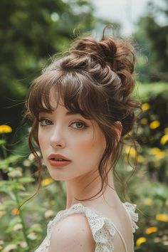 17 Fabulous Hairstyles with Wispy Bangs You Need to Try Short Hair Bangs Wedding Hairstyle, Puffy Bangs Hair, Semi Formal Hairstyles With Bangs, Side Bangs Wedding Hair, Bridal Hair Half Up Bangs, Medium Length Formal Hairstyles With Bangs, Updo With Curly Bangs, Short Feathered Bangs, Wedding Hair Bangs Updo