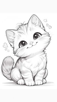 a black and white drawing of a kitten with hearts coming out of it's mouth