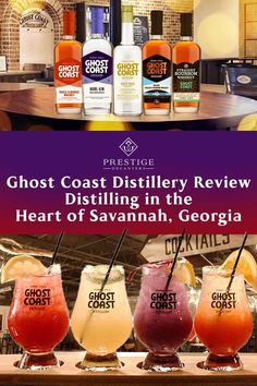 three different types of drinks sitting on top of a table next to each other with the words ghost coast distillery review