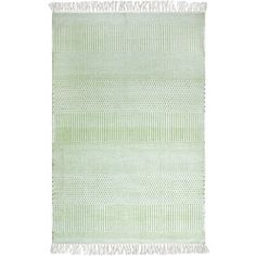 a light green rug with fringes on the top and bottom, in front of a white background