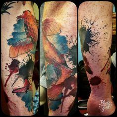 some tattoos that have different colors and designs on them, including the watercolors