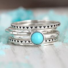 A set of 6 stackable rings with Turquoise stone, Boho chic western style ring, Made of sterling silver Punchy Jewelry, Magic Jewelry, Rings Boho, Cowgirl Accessories, Silver Rings For Women, Moonstone Ring Sterling Silver, Sterling Silver Stacking Rings, Crystal Energy, Stacking Ring Set