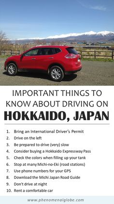 a red car is parked in front of a fence with the words important things to know about driving on hokikaido, japan