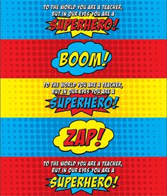 three different comic book covers with the words superhero written in bold, colorful font on them