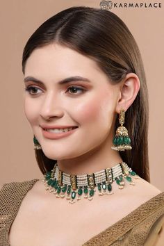 Buy Green And Cream Gold-Plated Kundan Diamonds And Pearls Jhumka Earring Diy Kundan Jewellery, Pearls Jewellery, Crystal Bridal Jewelry Sets, Indian Wedding Jewelry Sets, Kundan Jewellery Set, Antique Jewellery Online, Diamonds And Pearls, Pearl Necklace Set, Pearl Jewelry Sets