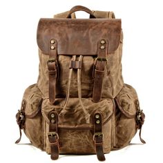 Buy Khaki Retro Canvas Buckle Flap Large Backpack Outdoor Waterproof Bag Worldwide Free shipping and return, color: Khaki , material: Canvas Waxed Canvas Leather Backpack, Canvas Backpack Men, Leather Travel Backpack, Waxed Canvas Backpack, Retro Backpack, Waxed Canvas Bag, Moto Vintage, Large Leather Bag, Vintage Backpacks