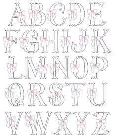 the alphabet with bows on it is drawn in red and black ink, as well as letters