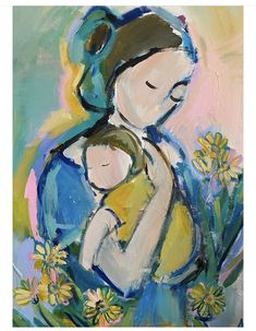 a painting of a woman holding a baby in her arms and flowers around her neck