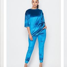 Loose Fitting Top & Joggers Style Pants , Light Weight Velvet Material, Stretchy & Comfortable. Sz Large 12/14 14/16. M10/12. 12/14 Blue Fitted Sets With Long Pants, Chic Blue Two-piece Set, Blue Fitted Two-piece Set, Blue Loungewear Sets With Long Pants, Blue Two-piece Pant Set For Spring, Chic Blue Sets For Loungewear, Chic Blue Loungewear Sets, Blue Stretch Two-piece Set, Blue Two-piece Loungewear Set