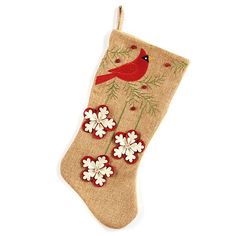 a christmas stocking with a cardinal on it