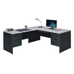 an office desk with a computer on it