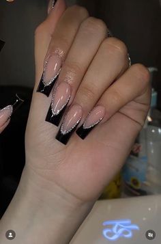 Black French Tips With Sparkles, Black French Long Nails, Black French Tips With Glitter Outline, Black French Tip Nails With Glitter Line, Black Classic Nails, Formal Nails Acrylic Coffin, Black Nail Ideas For Prom, Nails For Hoco Black Dress, Coffin Acrylic Nails Black French Tip