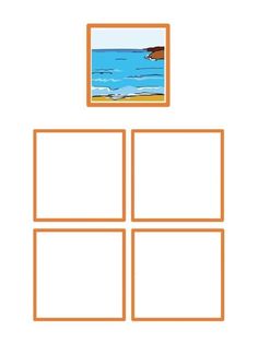 an orange frame with four squares on the bottom and one square in the middle that has a bird flying over it