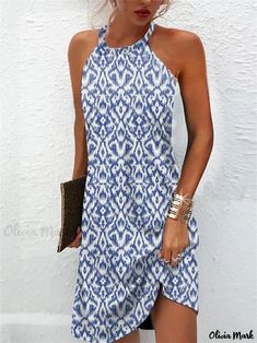 Olivia Mark - Relaxed Fit Sleeveless Round Neck Printed Dress Casual Fitted Sleeveless Dress For Vacation, Casual Printed Halter Neck Sleeveless Dress, Casual Sleeveless Halter Dress For Summer, Sleeveless Non-stretch Mini Dress For Summer, Casual Stretch Halter Dress For Summer, Casual Mini Length Halter Dress For Beach Season, Sleeveless Mini Dress For Day Out, Casual Mini Halter Dress For Beach Season, Casual Stretch Halter Dress For Day Out