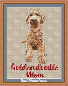 the goldendoodle mom cross stitch pattern is shown in brown and white with an orange border