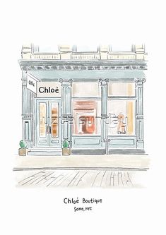 a watercolor drawing of a store front with the words, choe on it