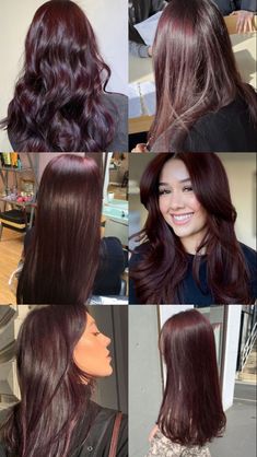 Pretty Ways To Dye Your Hair, Magohany Hair Color, Light Highlights In Dark Hair, Casual Birthday Lunch Outfit, Dark Hair Red Tint, Cabernet Hair Color, Cherry Brown Hair With Money Piece, Fall Hair For Pale Skin Green Eyes, Dark Cherry Wine Hair Color