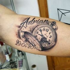 a tattoo with an alarm clock on it's arm that says, always time for adventure