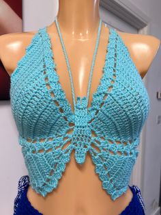 Handmade crochet beautiful Aqua butterfly top size UK 6/8 bra size A,B more colours available which with yellows-neon orange Top Mariposa, Crochet Beautiful, Crochet Butterfly, Womens Halter Tops, Butterfly Top, Halter Tops, Neon Orange, Crochet Clothes, Bra Sizes