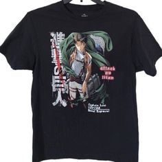 Show Off Your Love For Attack On Titan With This Black T-Shirt Featuring Captain Levi Of The Scout Regiment. Made From Lightweight Cotton Material, This Regular Fit Shirt Is Perfect For All Seasons. The Shirt Comes In Size Medium With A Solid Pattern And Short Sleeves, Complete With A Crew Neckline And Levi's Logo As Accents. This Vintage T-Shirt Is Perfect For Any Anime Or Manga Fan And Is An Easy-Care Item. It's Made In Mexico And Is Brand New Without Tags. Don't Miss Out On This Opportunity T Black Anime Print Crew Neck Top, Black Crew Neck Top With Anime Print, Anime Print Band Merch Crew Neck Top, Anime Print Crew Neck Top Band Merch, Black Anime Print Shirt With Crew Neck, Black Crew Neck Shirt With Anime Print, Scout Regiment, Attack On Titan Shirt, Captain Levi