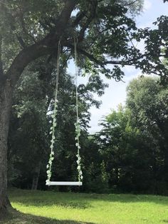 a white swing hanging from a tree in a park