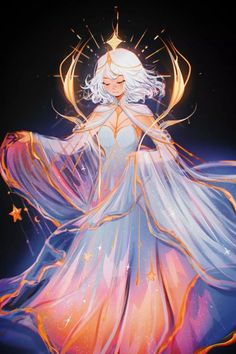 a woman with white hair and blue dress standing in front of a star filled sky