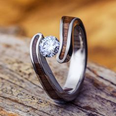 Wood Engagement Ring with Moissanite Stone and Koa Wood-3241 - Jewelry by Johan Tension Set Engagement Rings, Colored Wedding Bands, Wood Engagement Ring, Dainty Wedding Band, Wood Wedding Ring, Engraved Wedding Rings, Tension Setting, Future Dreams, Koa Wood