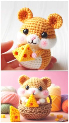 crocheted hamster holding a piece of cheese in it's mouth and another photo of the hamster