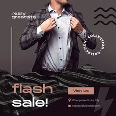 a man wearing a suit and tie with the words flash sale below him on it