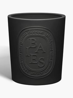 a black cup with the baes logo on it's front and side sides