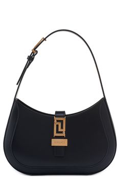 Italian leather elevates the look and feel of this shapely hobo bag highlighted by signature La Greca hardware at the tab and shoulder strap. Magnetic-snap tab closure Adjustable shoulder strap Lambskin-leather lining Leather Made in Italy Designer Handbags Chic Shoulder Bag With Logo Hardware For Business, Designer Hobo Bag With Gold-tone Hardware, Chic Shoulder Bag With Metal Logo For Business, Chic Business Shoulder Bag With Metal Logo, Elegant Office Shoulder Bag With Logo Hardware, Designer Hobo Bag With Gold-tone Hardware For Office, Luxury Hobo Bag With Gold-tone Hardware For Evening, Designer Formal Hobo Bag With Metal Hardware, Luxury Evening Hobo Bag With Gold-tone Hardware