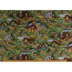 an image of a fabric with houses and trees in the woods on it's side