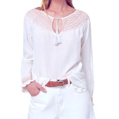 Set Your Boho Spirit Free In This Breezy Cotton Top With Embroidered Details And A Tassel-Tie Neck. Jewel Neck Long Sleeves 100% Organic Cotton Chic Embroidered Top For Daywear, Chic White V-neck Embroidered Top, Chic White Embroidered Top With Lace Trim, Casual Embroidered Top For Brunch, White Feminine Embroidered Top With Lace Trim, Chic White Peasant Top With Lace Trim, Feminine White Peasant Top For Beach, White Feminine Blouse For Vacation, Feminine White Blouse For Vacation