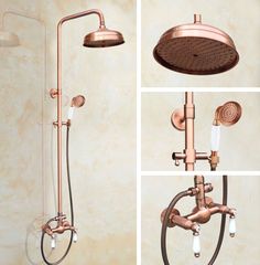 four different views of a shower head and handset