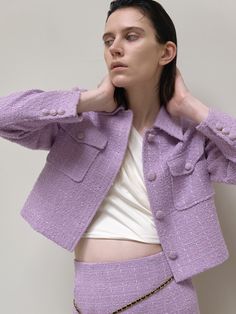 Editor's NotesThis is a tweed jacket with a standard fit and length. It's designed with a collar and a single-button closure, offering a neat yet sophisticated style. The jacket features outer pockets for a casual touch and is enhanced with fabric-covered buttons for added elegance.- Cropped length that makes your look stylish- Lovely and fresh color in Lavender to add appeal to the item - Perfect to wear on its own, and for a more coordinated look, pair it with the A-line tweed skirt made with the same fabric* The color may appear differently depending on monitor resolutions and device settings.* Garments may get creased or wrinkled during shipping. Please steam iron or spray water a day before wearing.Measurements(in.)Size(S/M)- Shoulder: 16.26 in. / 16.77 in.- Chest: 19.49 in. / 20 Long Sleeve Tweed Jacket With Buttoned Pockets For Work, Single-breasted Tweed Button-up Outerwear, Tweed Blazer With Hidden Button Closure And Lapel Collar, Office Tweed Outerwear With Pockets, Fall Button-up Tweed Jacket With Buttoned Pockets, Chic Fall Tweed Jacket With Buttoned Pockets, Fall Tweed Jacket With Buttoned Pockets For Work, Tweed Outerwear With Buttoned Pockets For Fall, Chic Button-up Tweed Jacket With Pockets