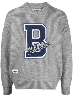 grey/navy blue/white knitted construction embroidered motif appliqué logo crew neck long sleeves ribbed cuffs and hem Knitwear Men, Knitted Jumper, Knitted Sweaters, Blue White, Jumper, Top Brands, Knitwear, Navy Blue, Blue And White