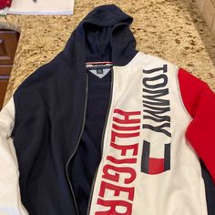 Tommy Hilfiger Sweatshirt. Perfect Condition. Authentic. Blue Long Sleeve Outerwear With Logo Print, White Hooded Tommy Hilfiger Hoodie, Tommy Hilfiger Long Sleeve Logo Sweatshirt, Tommy Hilfiger Logo Print Long Sleeve Sweatshirt, Tommy Hilfiger Sweatshirt, Tommy Hilfiger Jackets, Kids Jacket, Red Blue, Tommy Hilfiger