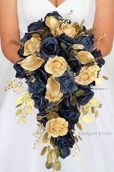 a bridal bouquet with blue and gold flowers