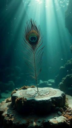 a peacock feather sitting on top of a rock under water