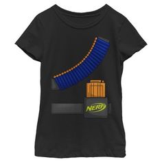 It's Nerf or nothing! Prepare for battle with this officially licensed Nerf Halloween Tactical Costume With Darts Girls' Graphic T-Shirt. The toy brand is all about bringing home the fun and this classic tee will be no different. A bright colorful faux dart belt is featured across this girls' tee and is the perfect costume tee for Halloween. Hit a bullseye when it comes to your style with apparel that celebrates your favorite foam blasters! Nerf Party, Toy Brand, Halloween Girl, Black Media, Dart, Tshirts Online, Fitness Fashion, Kids Tshirts, Shirts Tops