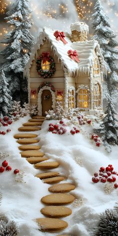 a gingerbread house in the snow with christmas decorations