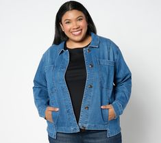 A perfect topper when the weather starts to turn cool, this denim utility jacket is fashioned with patch pockets, a button-front closure, and a relaxed fit. From Studio ParkTM x Amy Stran. Denim Utility Jacket, Blazer Fashion, Utility Jacket, Blazer Jacket, Relaxed Fit, Turn Ons, Blazer