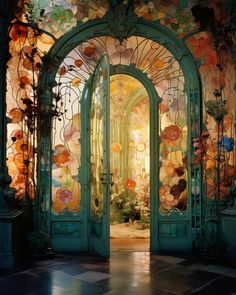 an open door leading into a room with stained glass doors and flowers on the walls