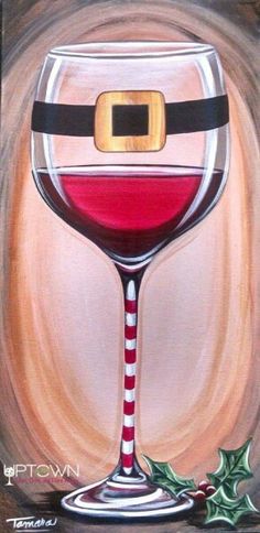 a painting of a wine glass with a santa hat on it