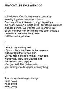 a poem written in black and white with the words anatomy lessons with god