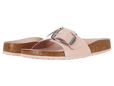 Birkenstock Madrid Big Buckle - Women's Sandals : High Shine Light Rose Leather : The Madrid Big Buckle by Birkenstock is the iconic style you love, with contemporary and bold buckles you'll love even more! Premium leather uppers with an open toe. Slip-on slide with an adjustable buckle closure. The leather lined, contoured cork footbed will mold to the shape of your foot creating a custom footbed that supports and cradles you each and every step. Raised toe bar is designed to encourage the natu Madrid Big Buckle, Birkenstock Madrid Big Buckle, Birkenstock Women, Light Rose, Birkenstock Madrid, Iconic Style, Rose Lights, Birkenstock Gizeh, Nubuck Leather