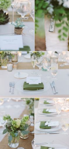 the table is set with green napkins and place settings