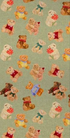 a group of teddy bears on a green background