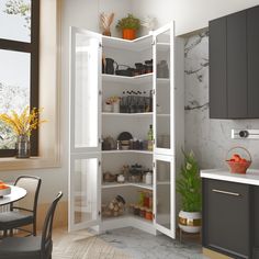 an open pantry in the corner of a kitchen